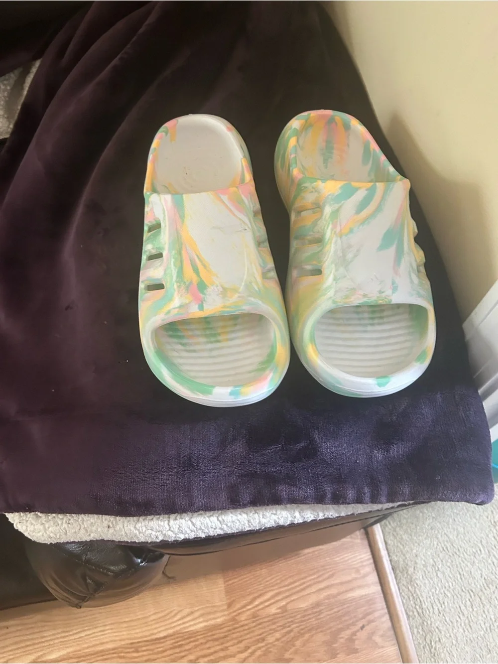 ADIDAS Marble Pastel Slide Sandals - White with Mint, Pink & Yellow